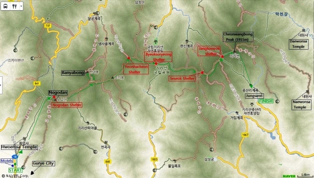 Jirisan Trail Map with Peaks Shelters and Temples